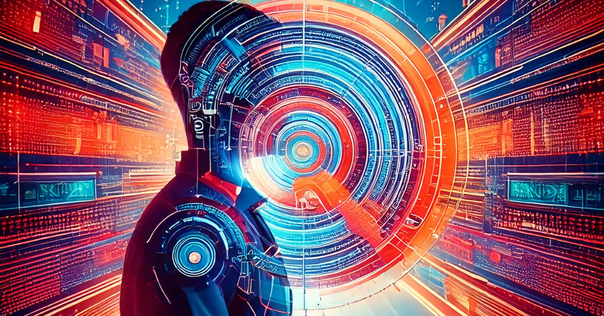 Futuristische digitale Illustration, erstellt mit Adobe Firefly. Ein Mensch mit einem holografischen, KI-gesteuerten Interface, umgeben von dynamischen, leuchtenden Datenströmen in Blau- und Rottönen.