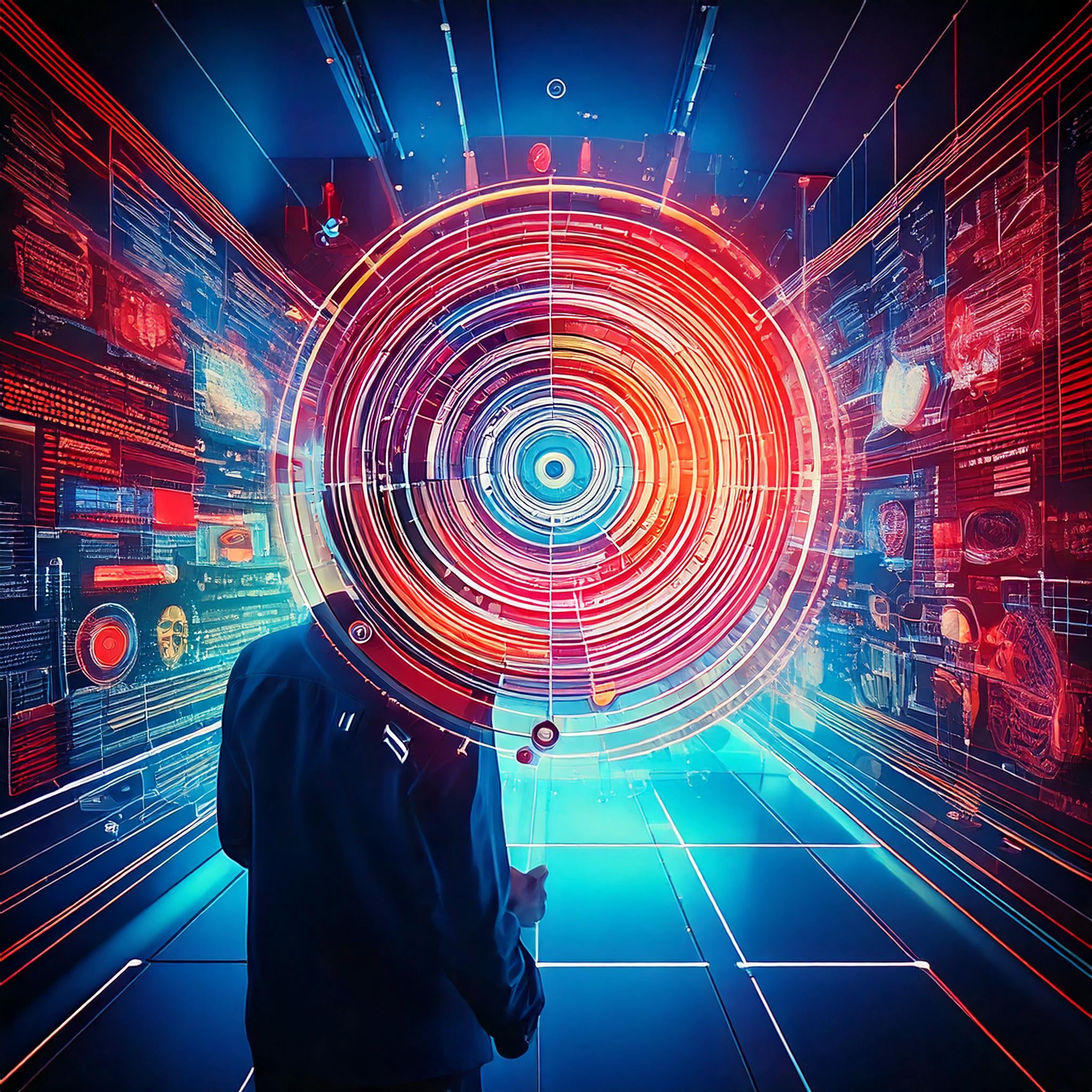 Futuristische digitale Illustration, erstellt mit Adobe Firefly. Eine Person steht in einem High-Tech-Datenraum, mit einem leuchtenden, kreisförmigen Interface vor dem Gesicht.